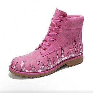 Pink Fire Flame Suede-Like Women’s Combat Boots. Rhinestone Embellished Flames